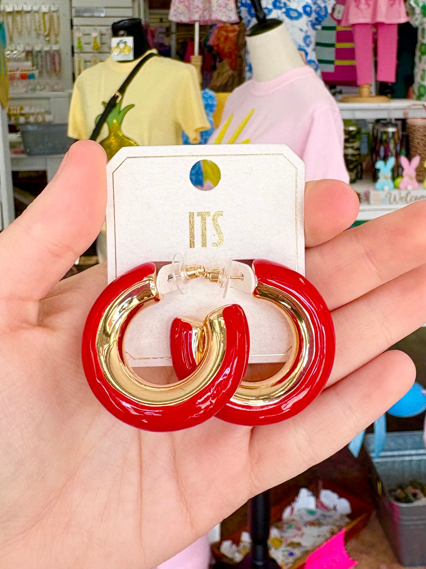 Gold Red Puffy Hoops