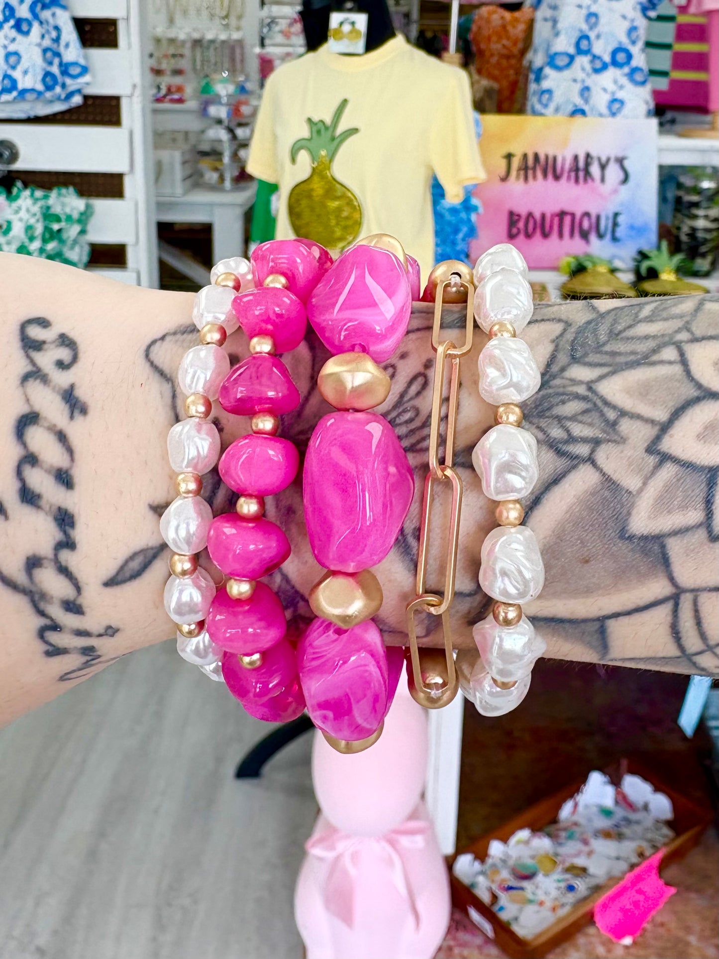 KK Hot Pink Stone/Pearl Bracelet Set