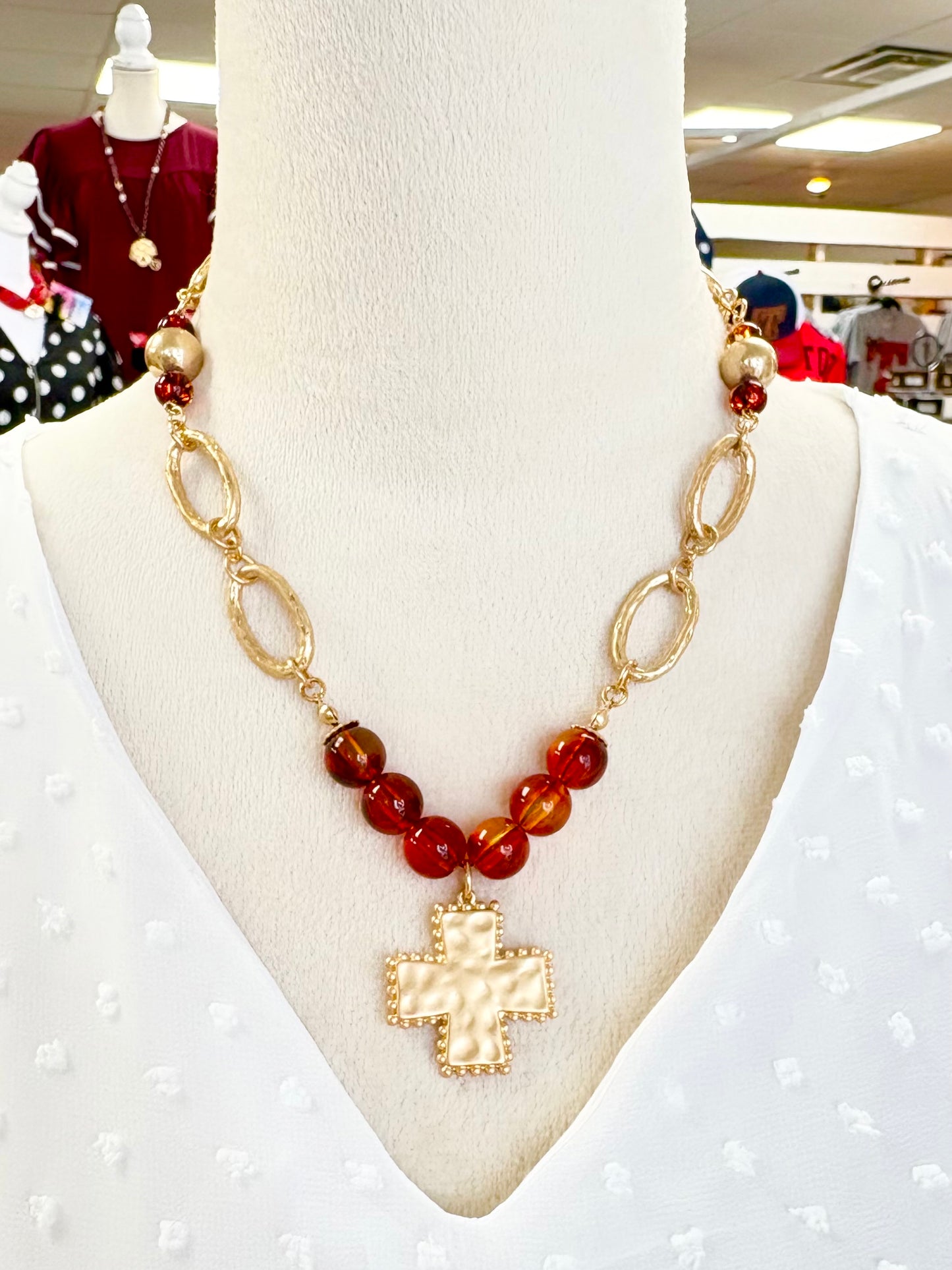 Brown Beaded Chain Cross Pendant Necklace