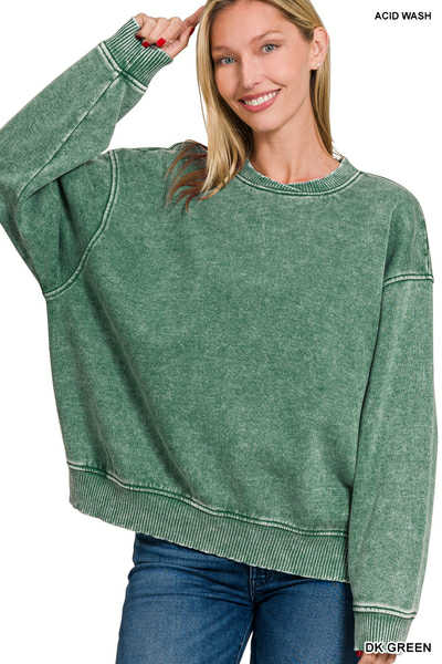 Women's Acid Washed Oversized Fleece Pullover~Dark Green