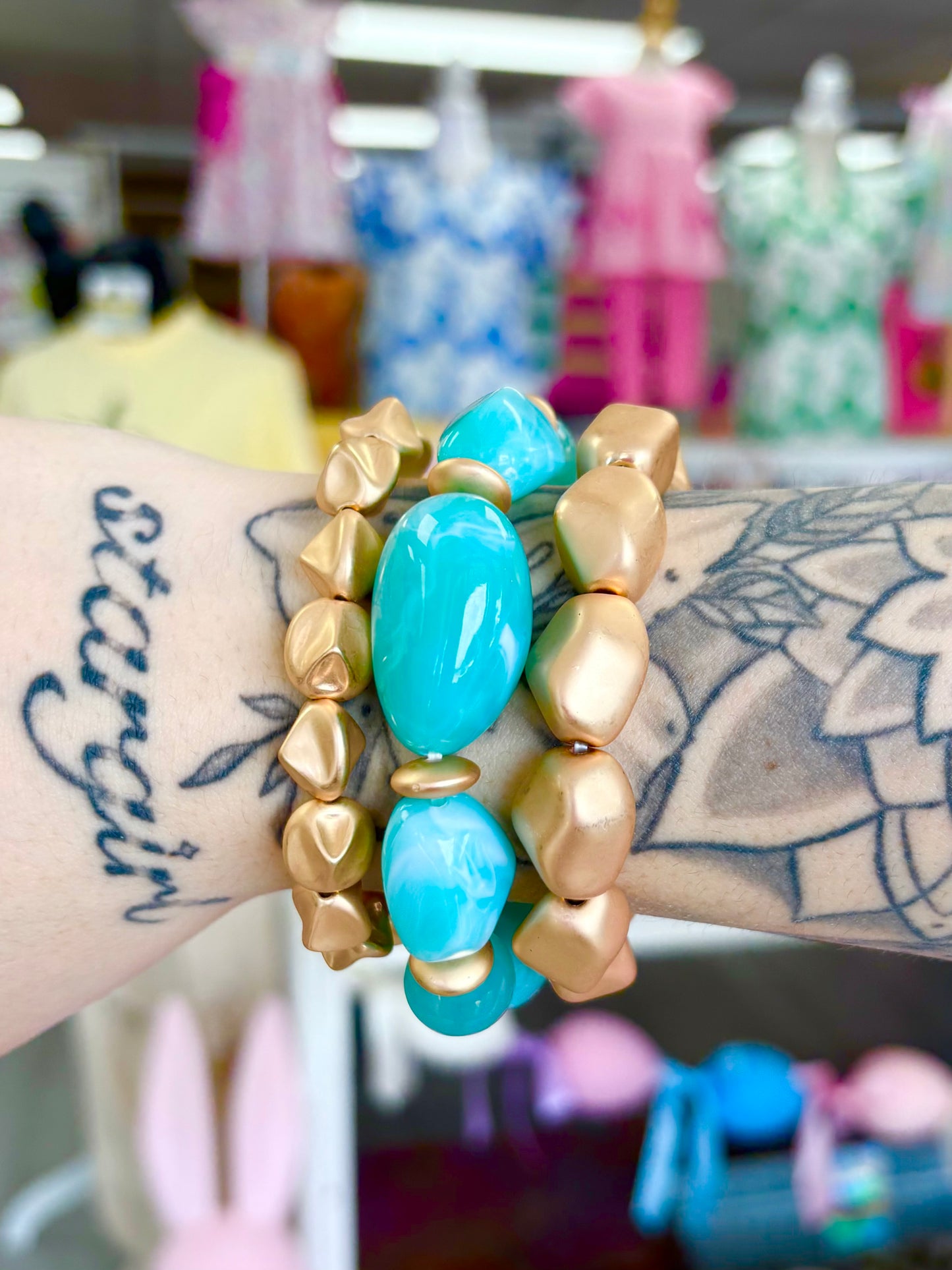 KK Teal Stone/Gold Nugget Bracelet Set