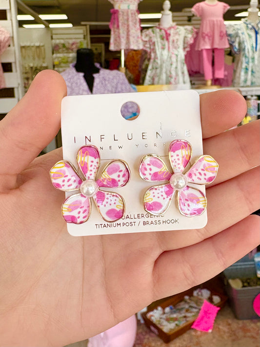 KK Pink Watercolor Flower W/ Pearl Earrings