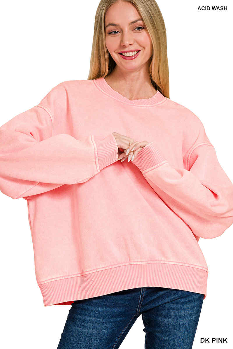 Women's Acid Washed Oversized Fleece Pullover~Dark Pink