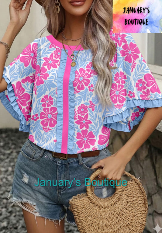 Women’s Pink & Blue Floral Ruffled Top