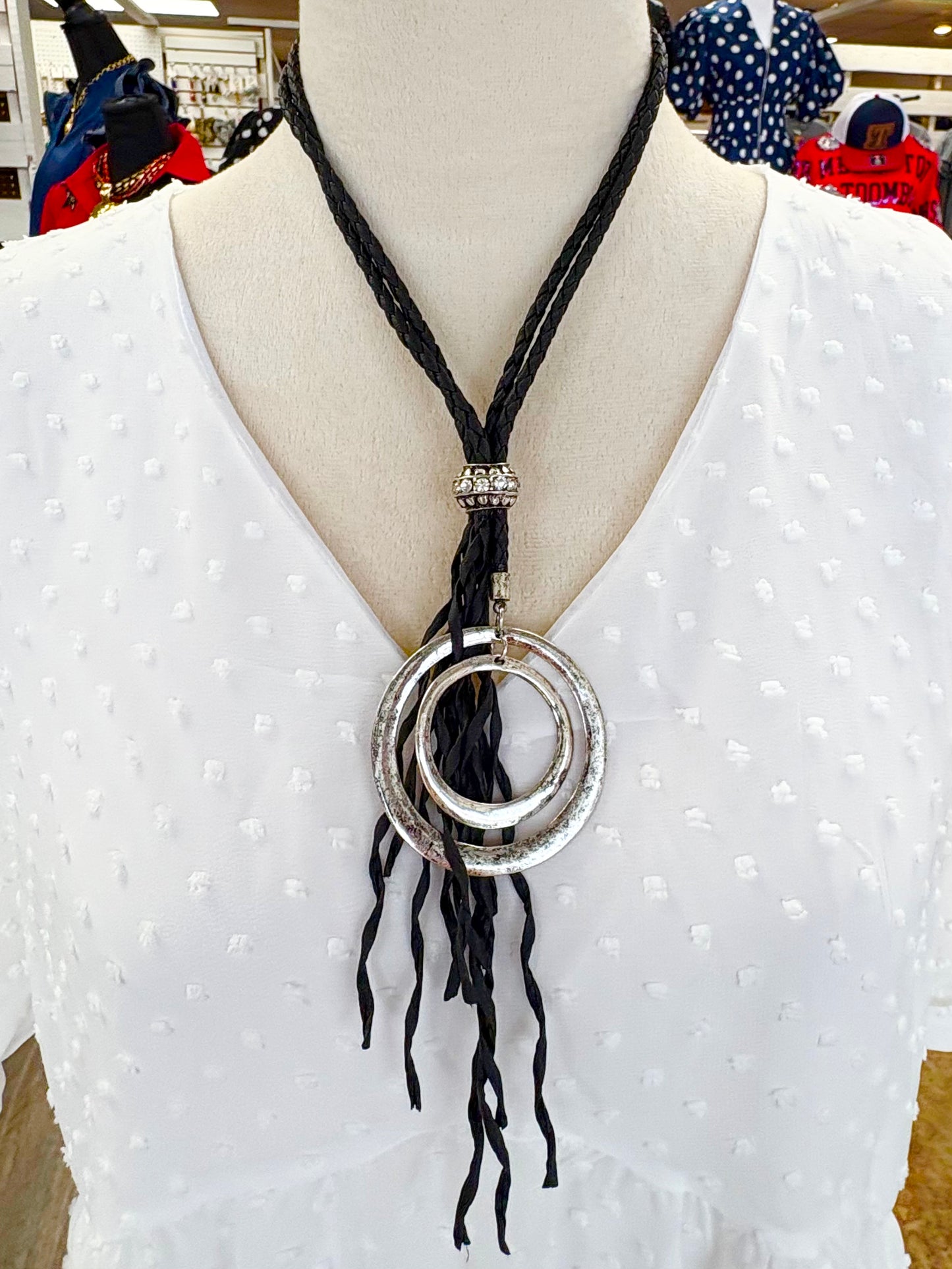 Black Braided Tassel W/ Silver Pendant Necklace