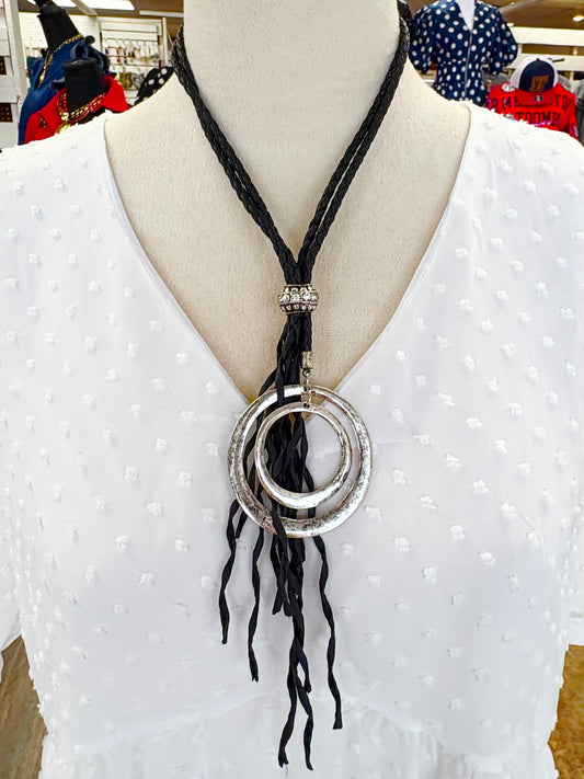 Black Braided Tassel W/ Silver Pendant Necklace