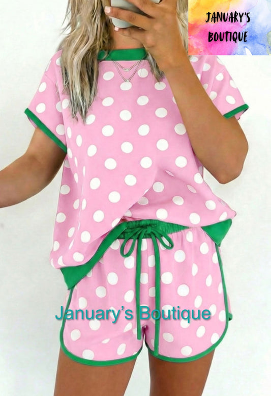 Women’s Pink & Green Polka Dot Short Set