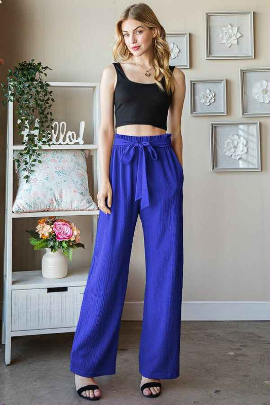 Women's Royal Blue Solid Paperbag Waist Pants
