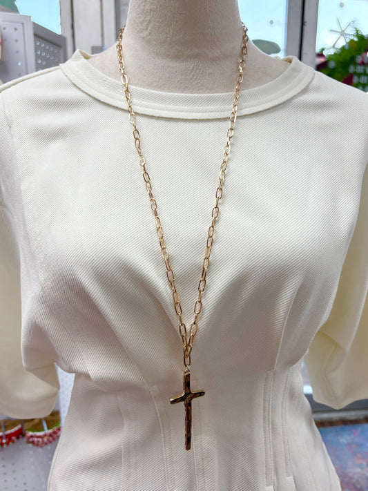 KK Long Gold Cross Chain Necklace