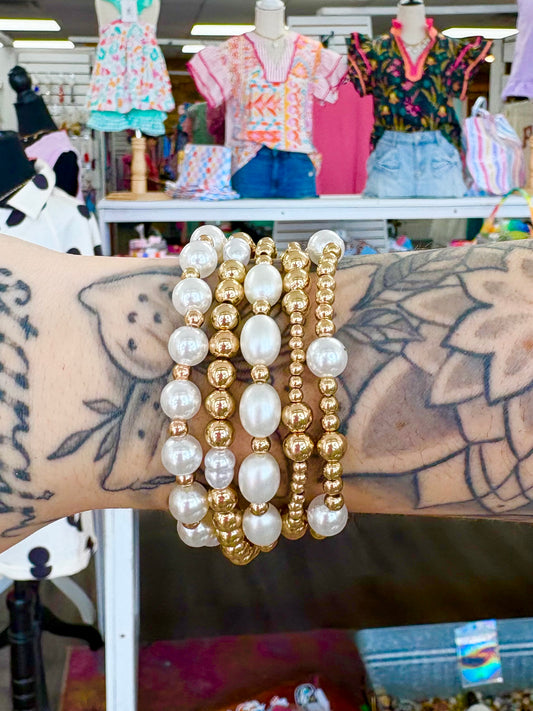KK Polished Gold/Pearl Mix Bracelet Set