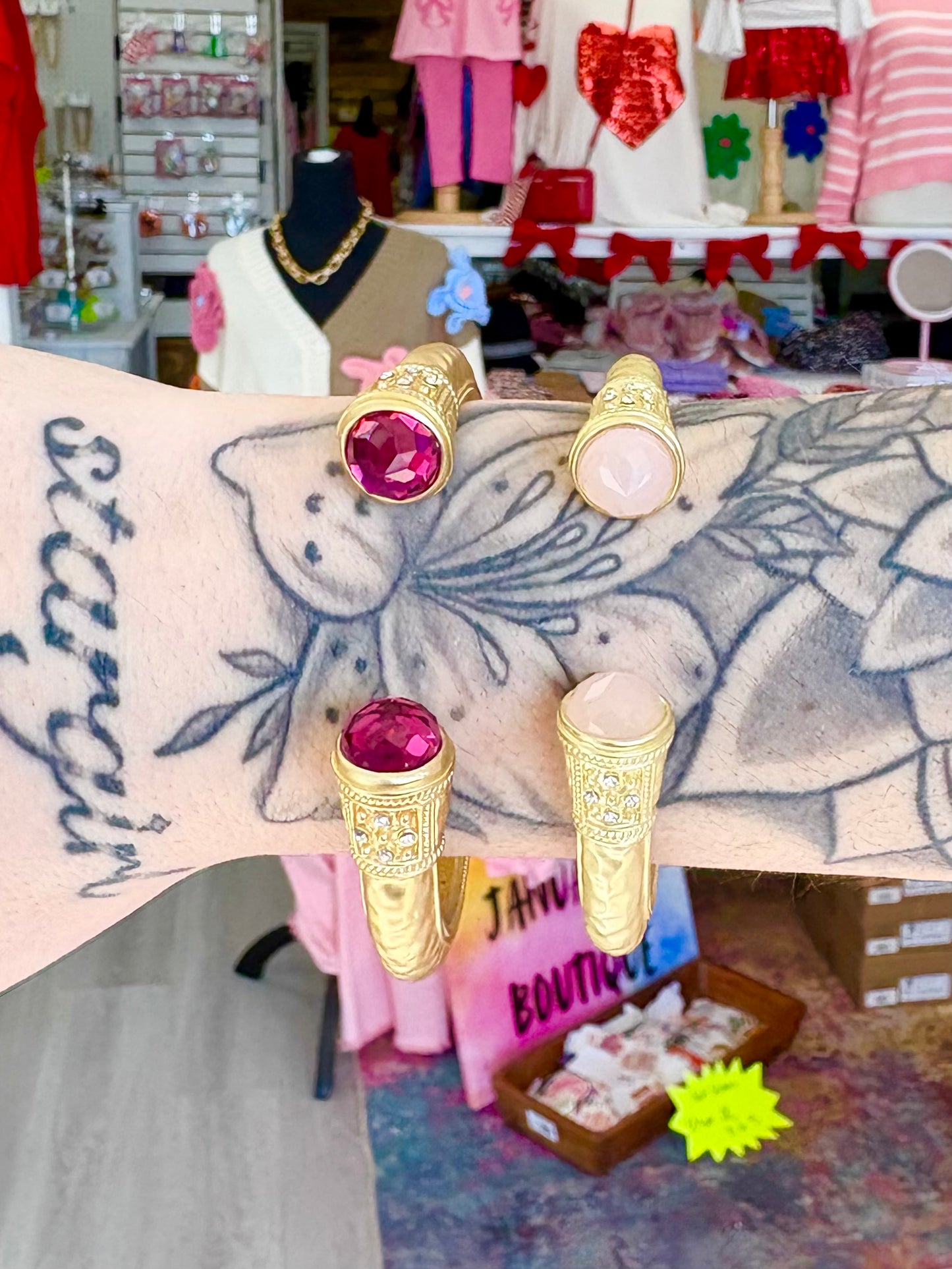 Pink Matte Gold Stone Bangle Bracelet