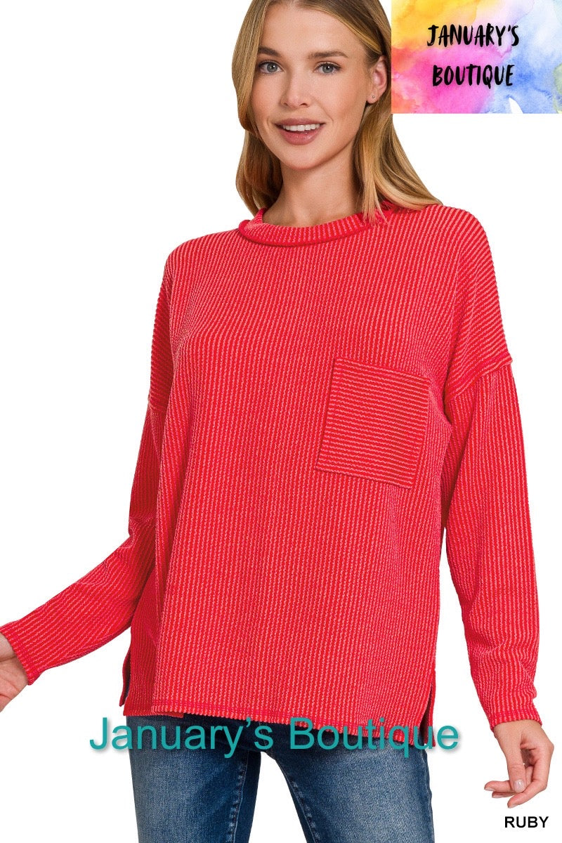 Women’s Red Ribbed L/S Top