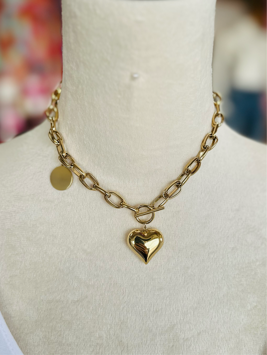 Gold Stainless Steel Gold Puffy Heart Necklace