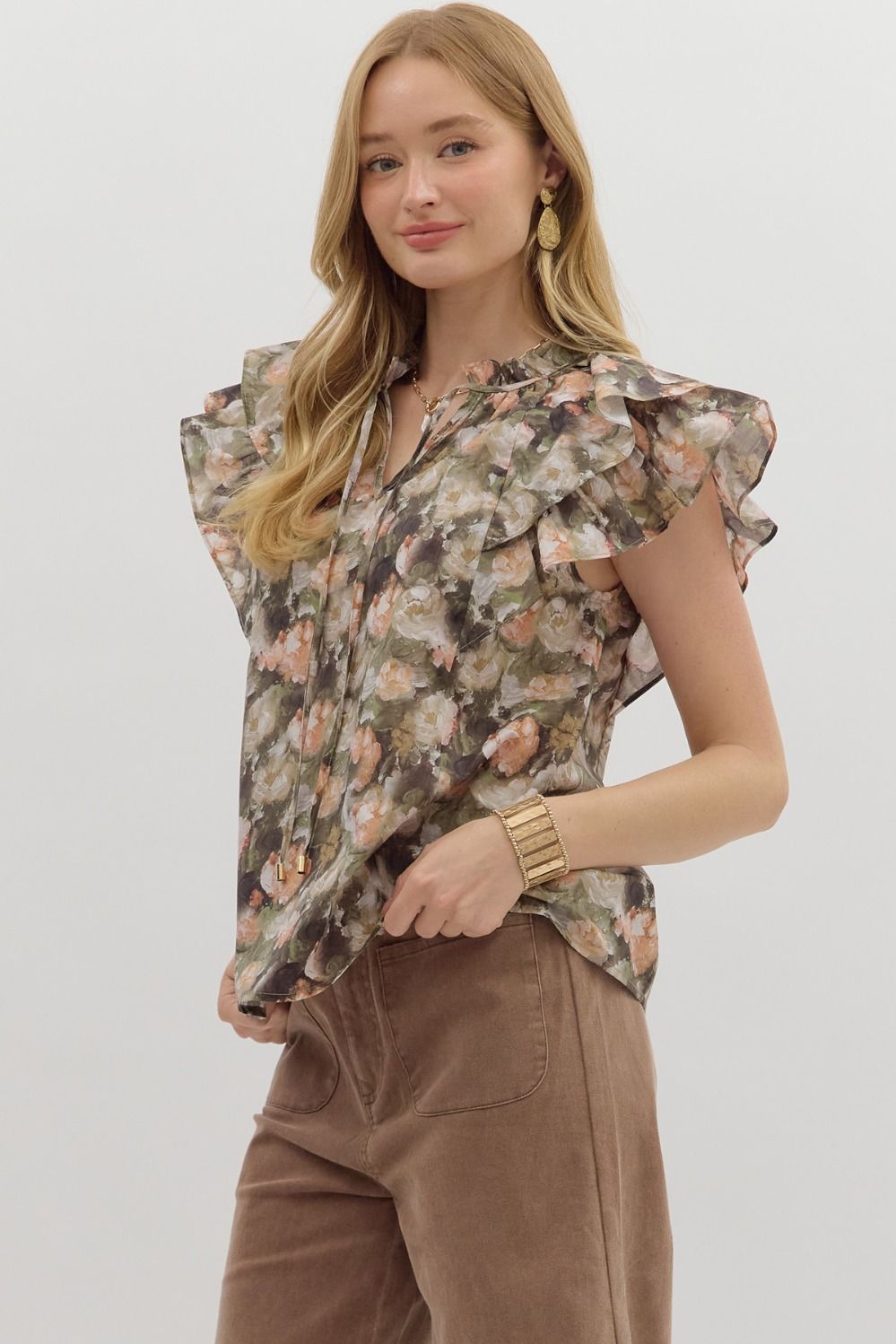 Women’s Entro Olive Floral Top