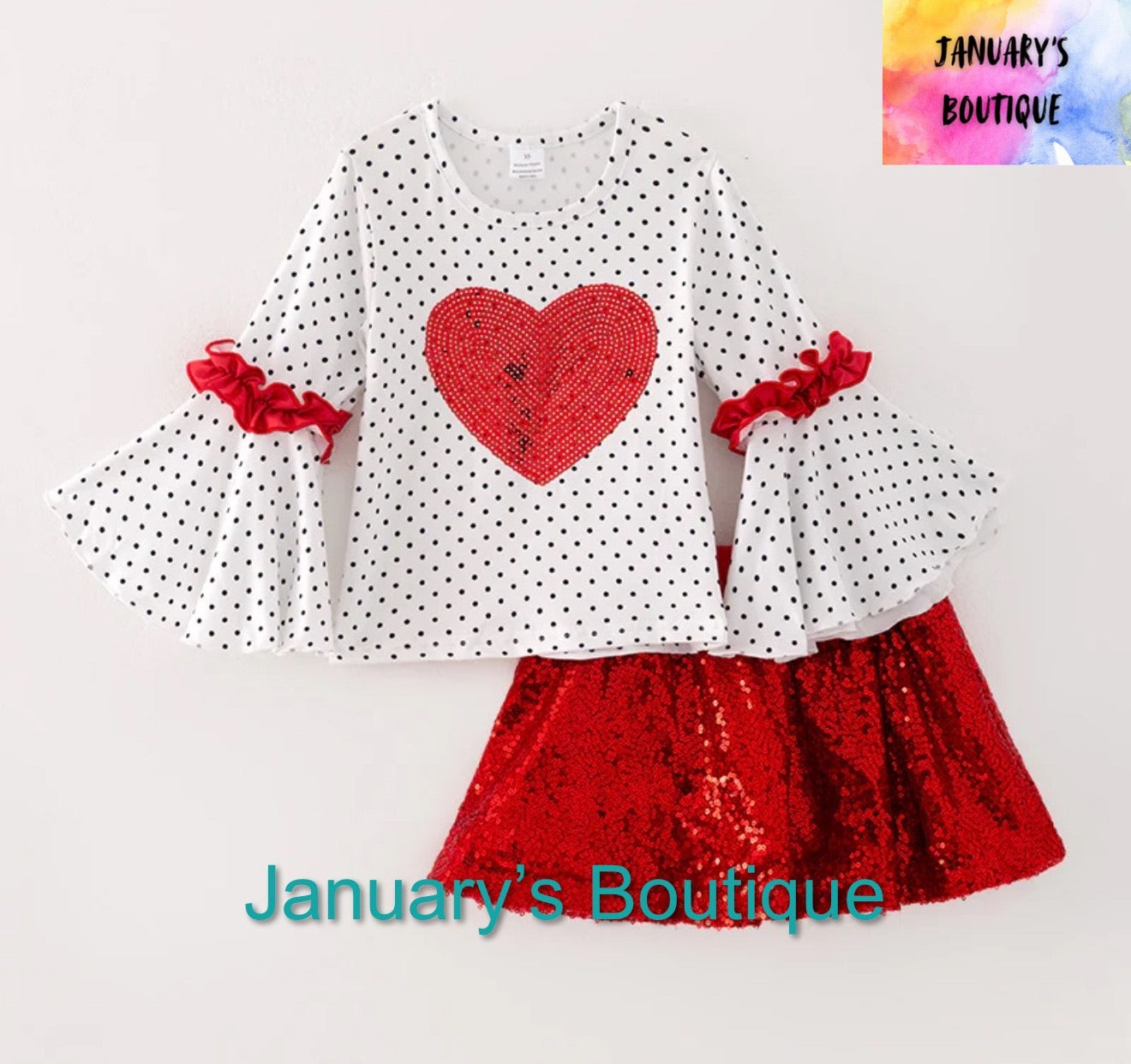 Girl’s Red Sequin Heart Skirt Set