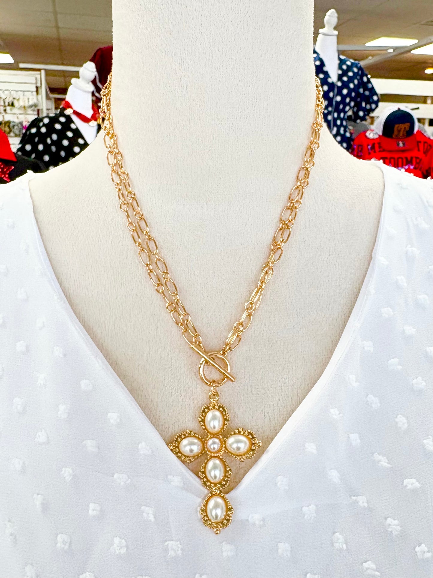 Double Chain Toggle Clasp Pearl Cross Necklace