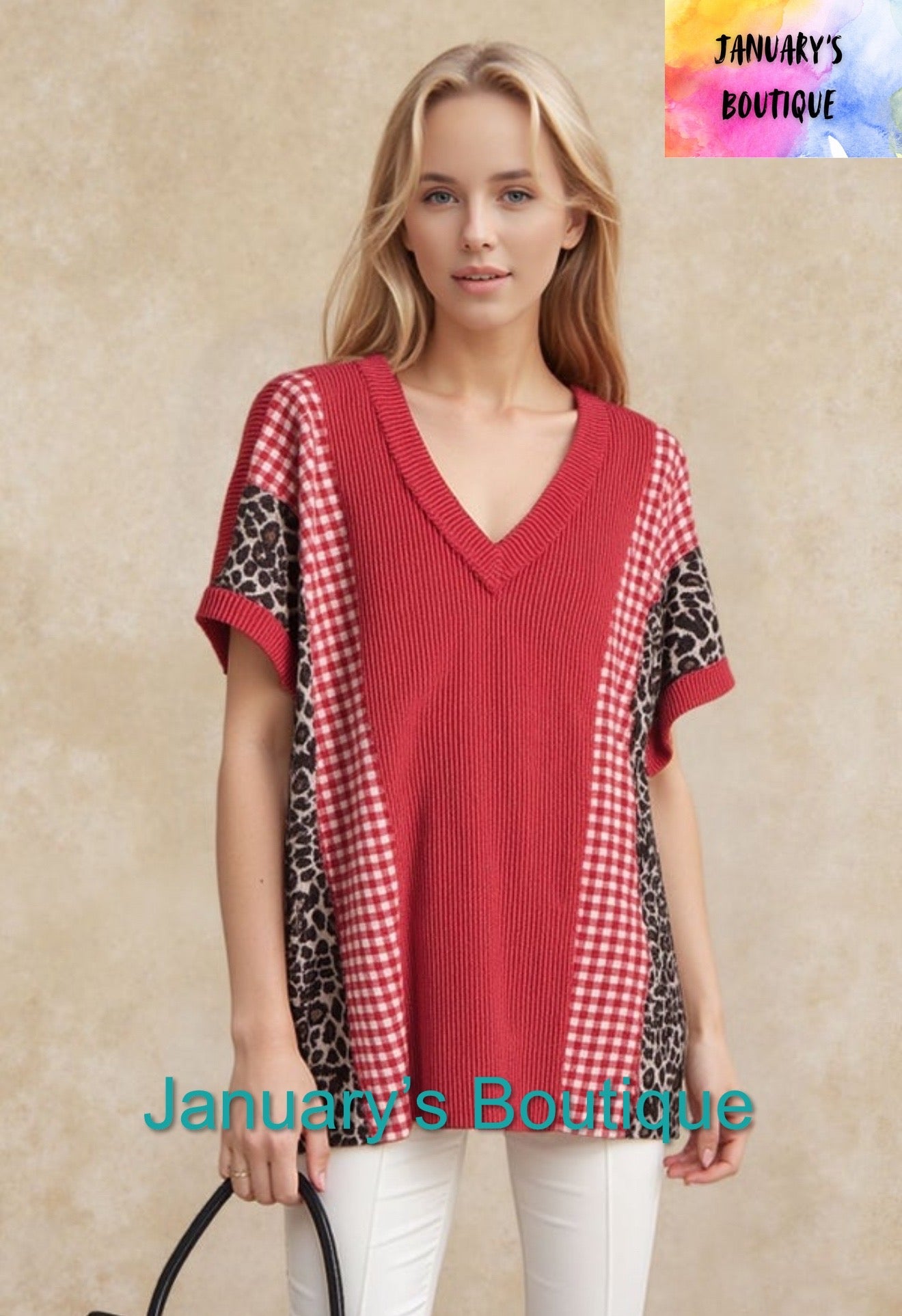 Women’s Red Checked & Leopard Top
