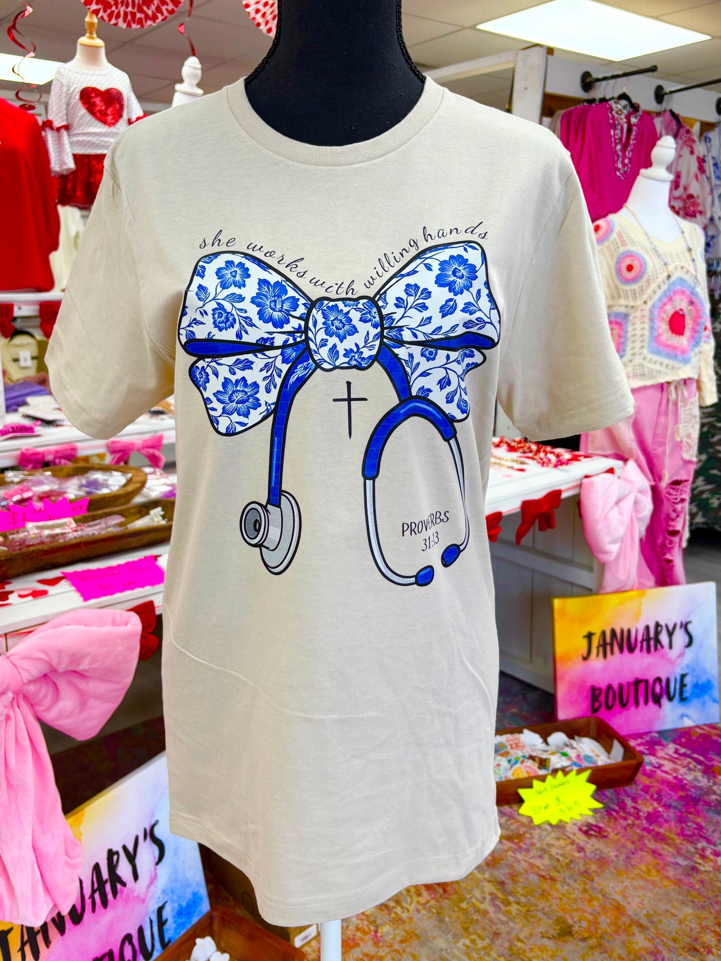 Biblical Blue Floral Stethoscope Graphic Tee