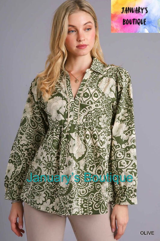Olive Print Babydoll Top