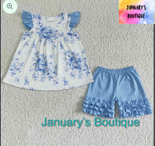 Girl's Blue Floral Shorts Set