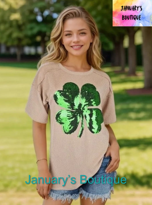 Women’s Sequin Shamrock Ribbed Top