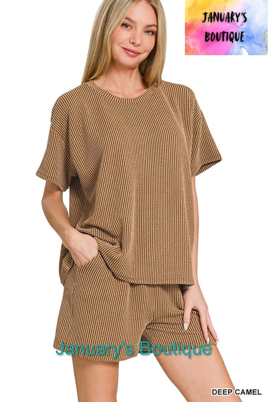 CAM Women’s Deep Camel Ribbed Shorts Set