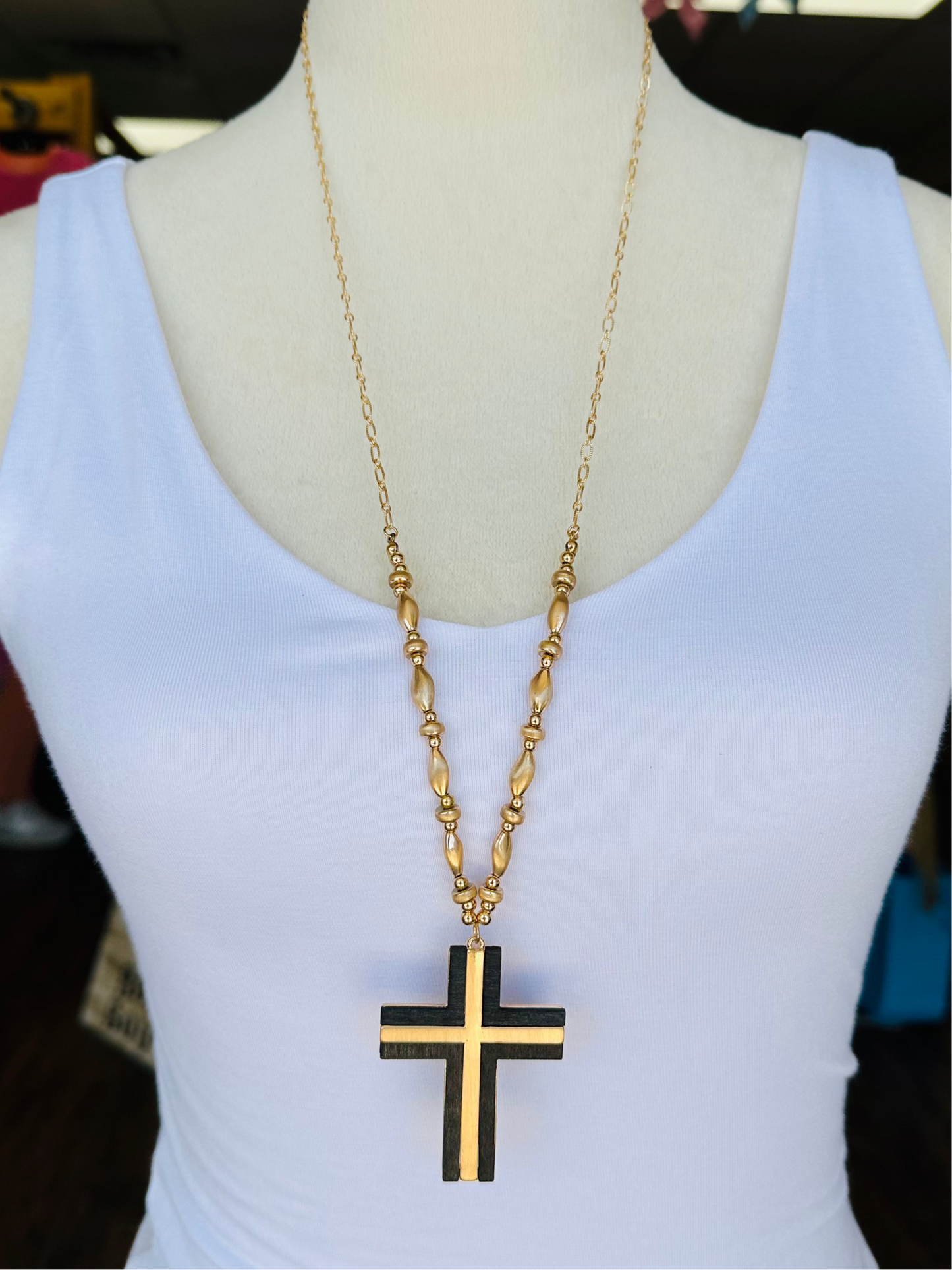 KK Long Beaded Cross Necklace