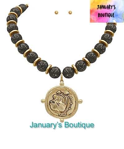 GA Bulldog Face Black Beaded Necklace