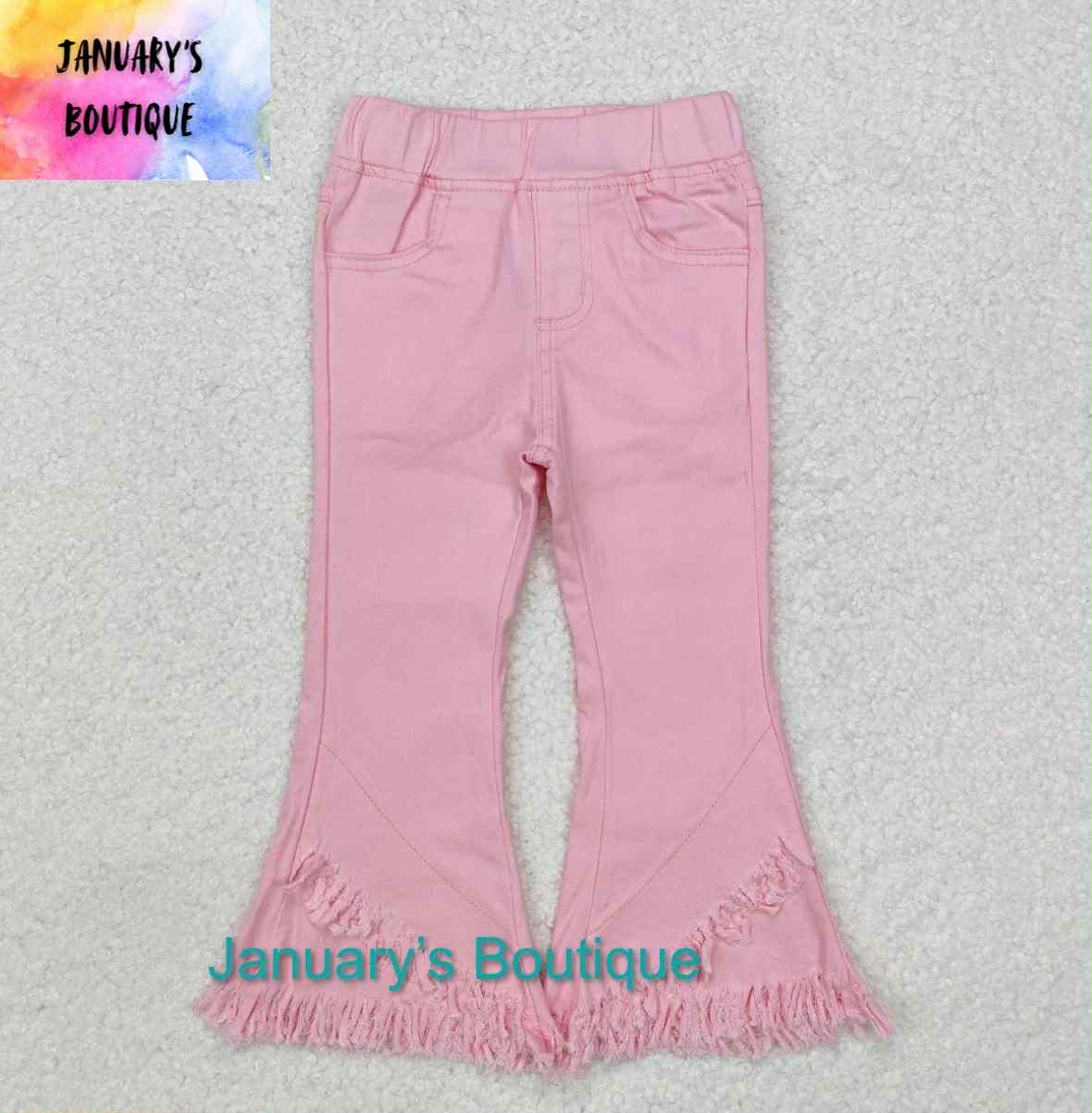 Girl's Light Pink Flared Fringe Jeans