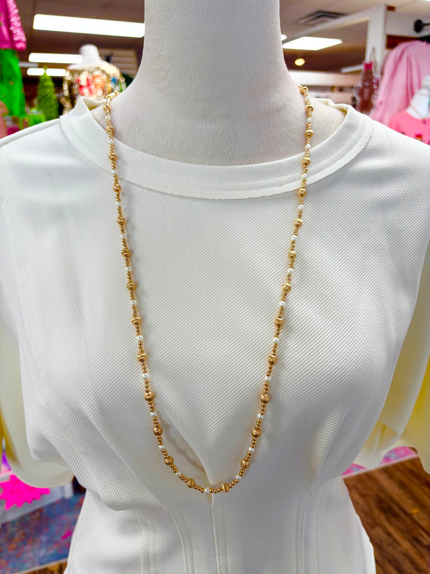 KK Long Gold & Pearl Textured Beaded Necklace