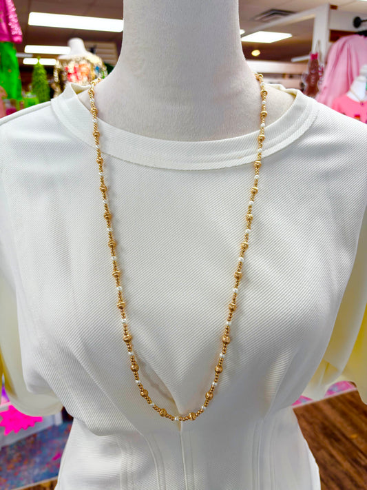 KK Long Gold & Pearl Textured Beaded Necklace