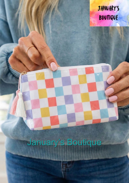 Checked Vinyl Waterproof Makeup Bag