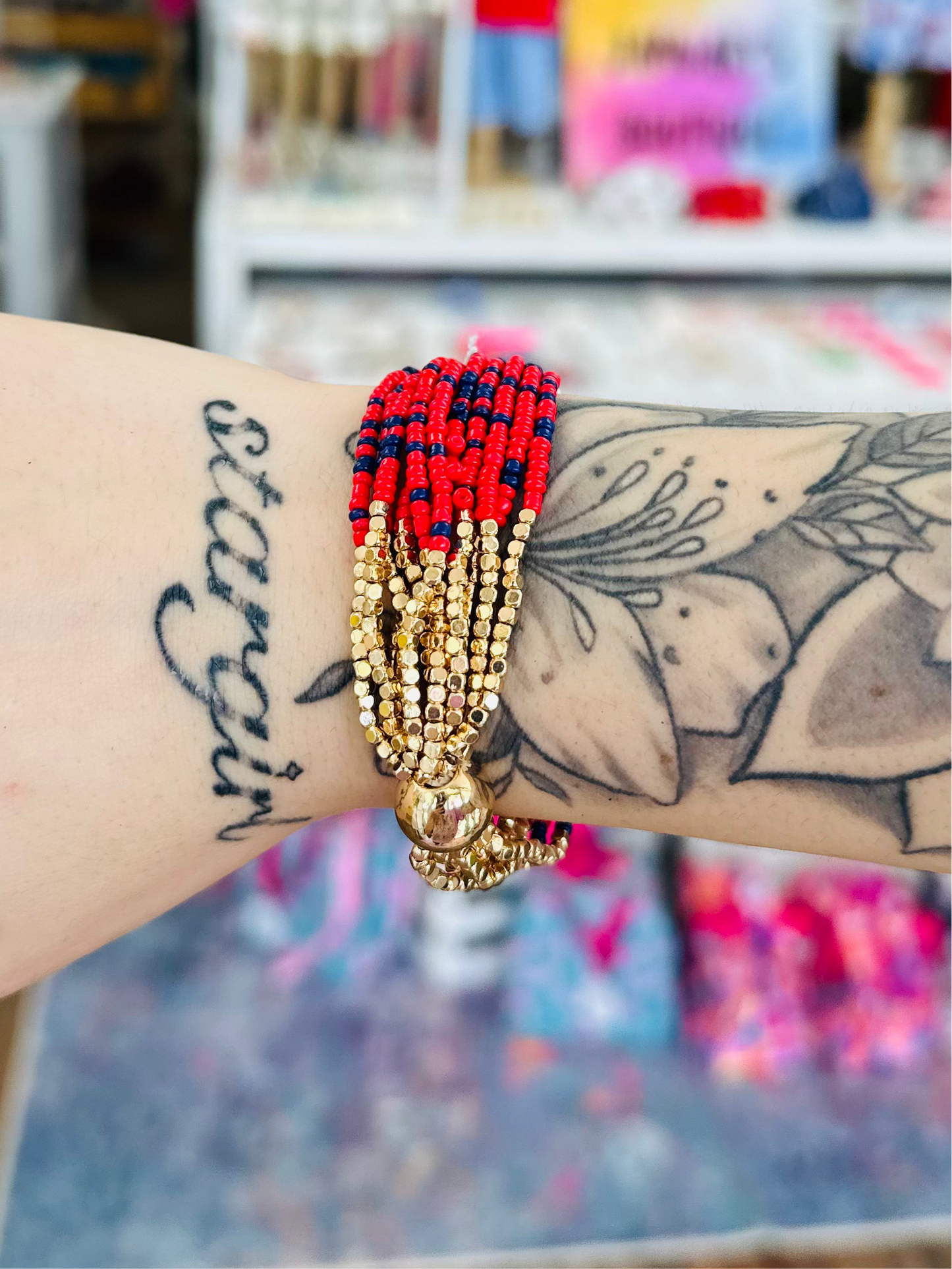 Navy, Red, Gold Seed Bead Beaded Multi Strand Bracelet with Gold Round Bead