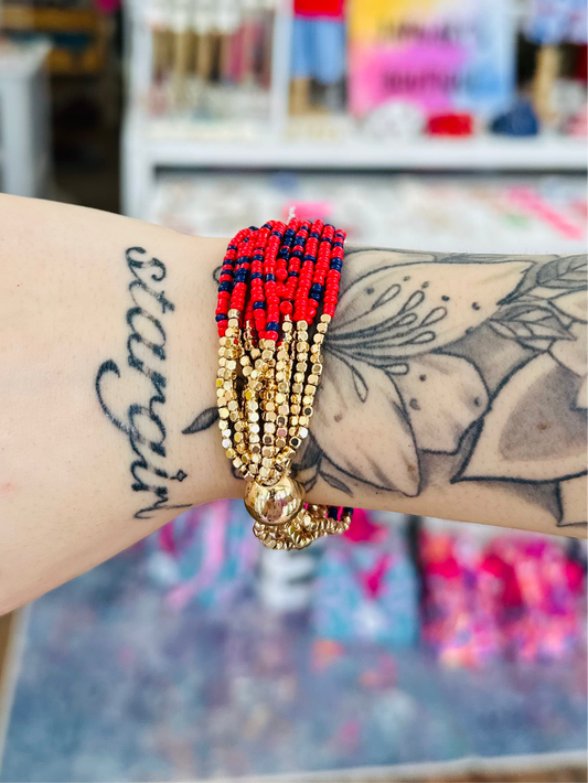 Navy, Red, Gold Seed Bead Beaded Multi Strand Bracelet with Gold Round Bead
