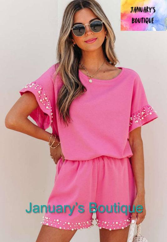 Women's Bright Pink Textured Pearl Shorts Set