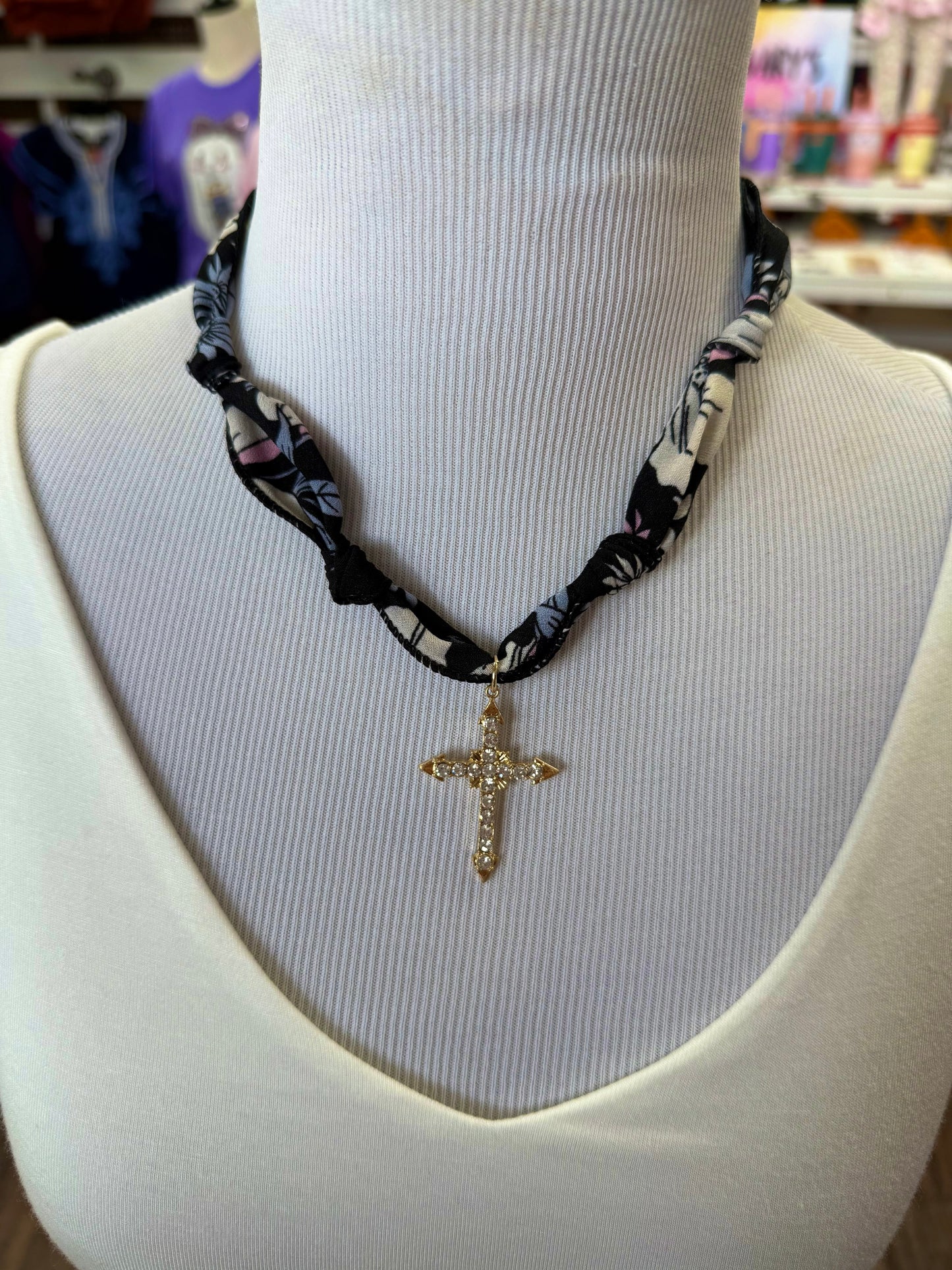 Navy Floral Scarf Cross Necklace
