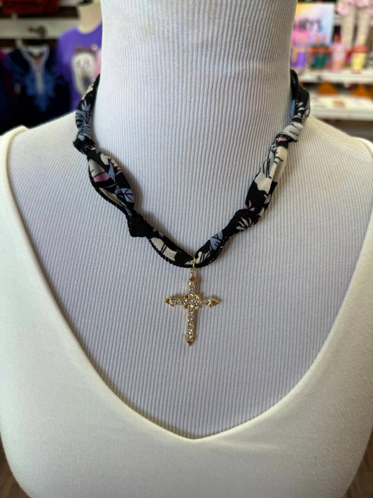 Navy Floral Scarf Cross Necklace