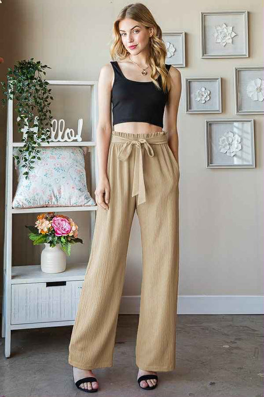 Women's Tan Solid Paperbag Waist Pants