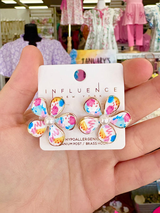 KK Multi Watercolor Flower W/ Pearl Earrings