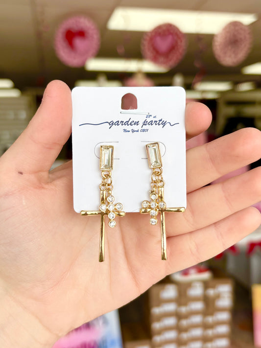 Gold Stone Double Cross Earrings