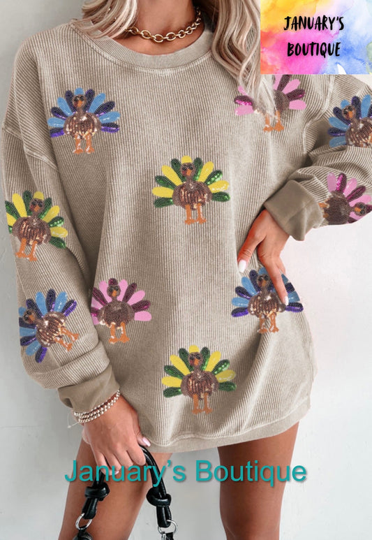 Women’s Sequin Turkey Corded Crew Top