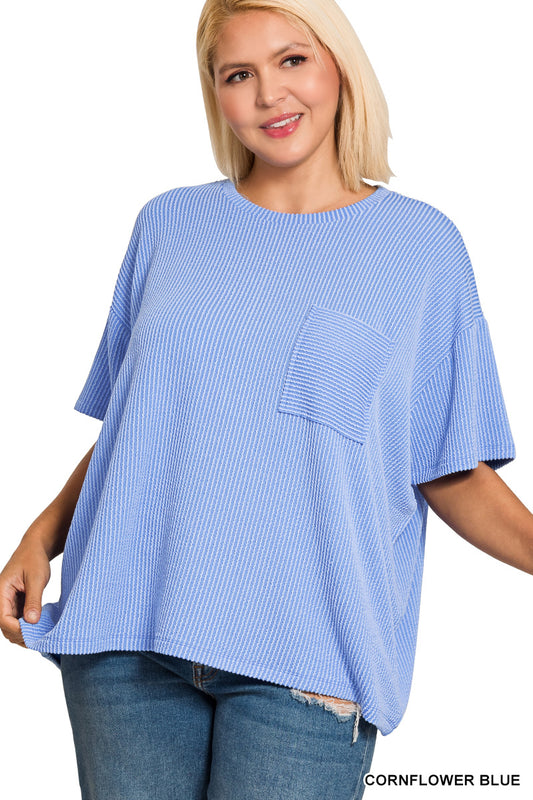 Women’s Plus Ribbed Cornflower Blue Pocket Top