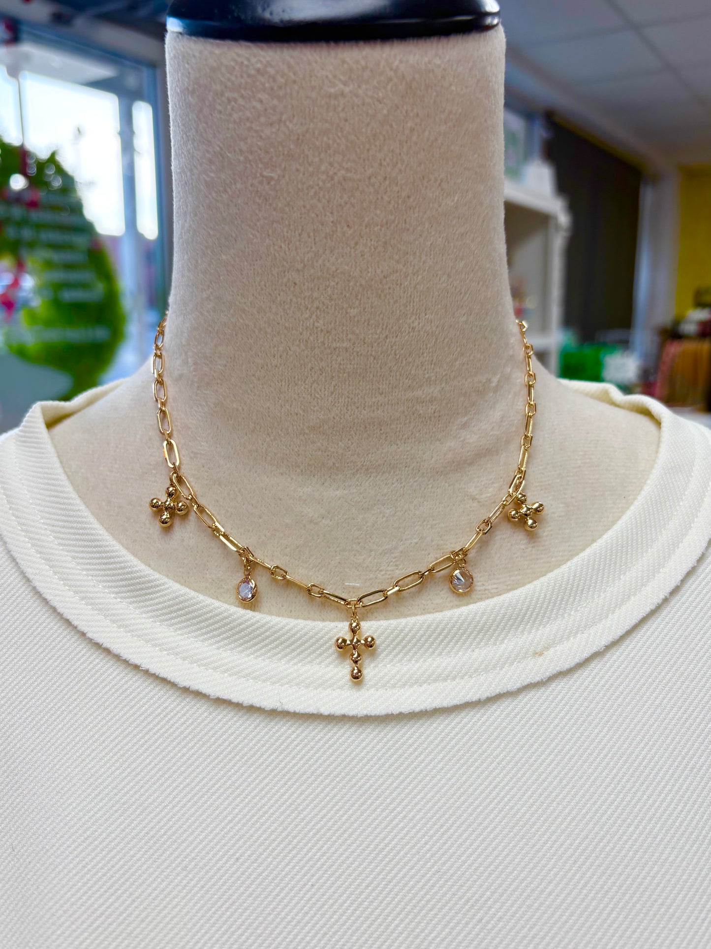 KK Gold Cross & Crystal Chain Necklace