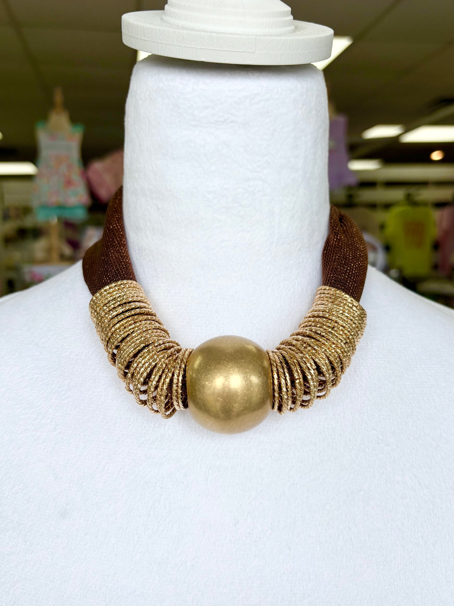 Matte Gold Brown Fabric Ball Necklace