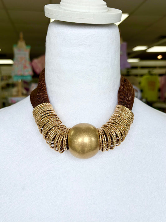 Matte Gold Brown Fabric Ball Necklace
