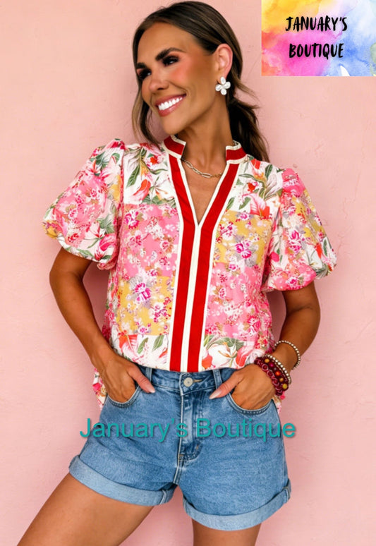 Women’s Red Trim Floral Top
