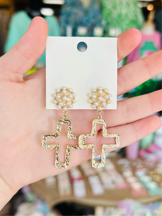 Hammered Cross with Pearl Accent Earrings