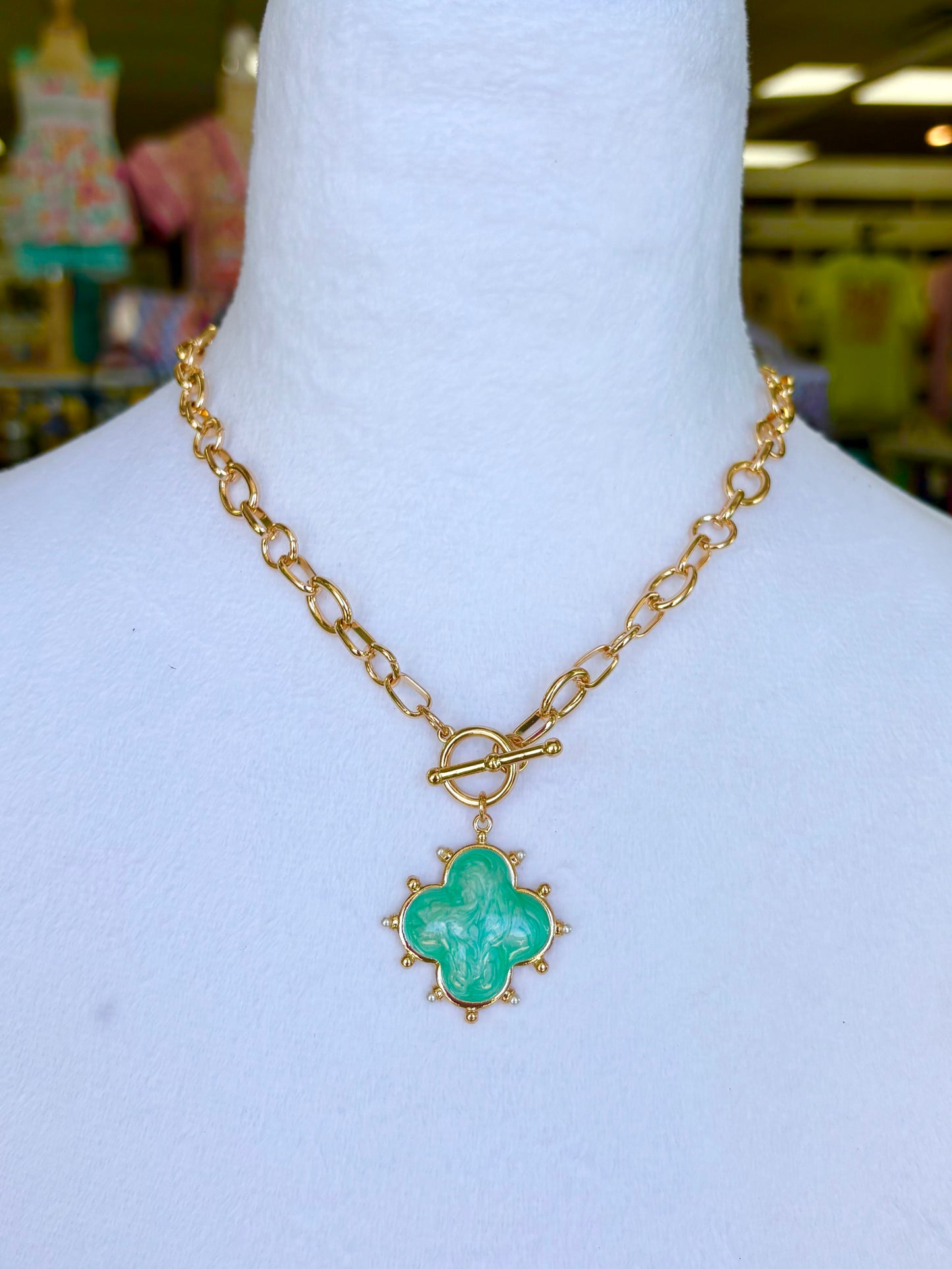 Teal Epoxy Clover Toggle Necklace