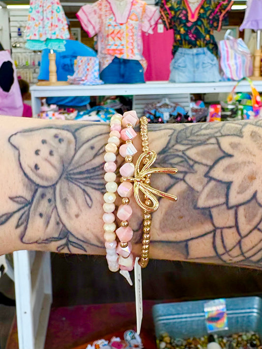 KK Gold/Pink Ribbon Bow Bracelet Set