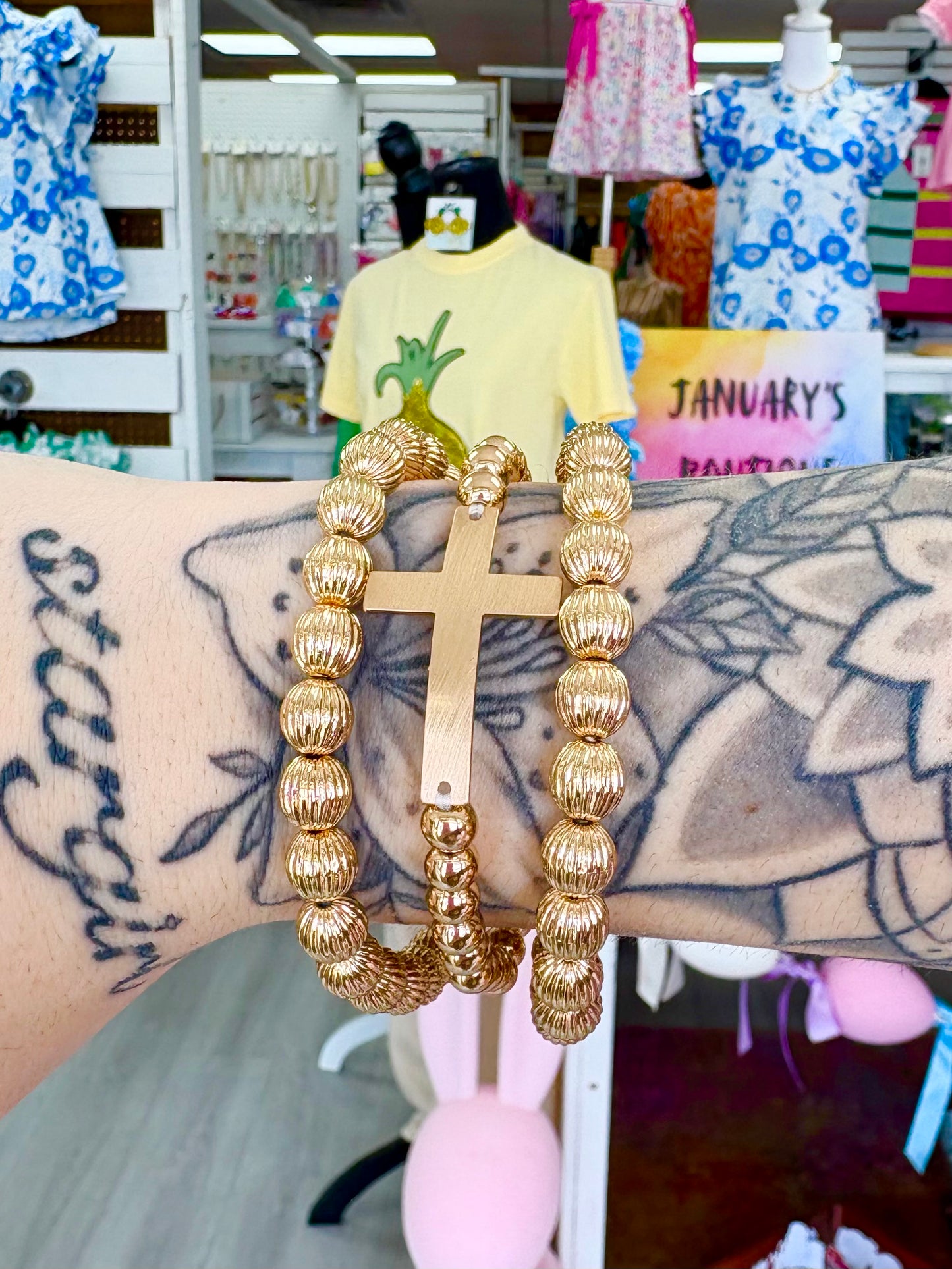 KK Textured Beaded Cross Bracelet Set